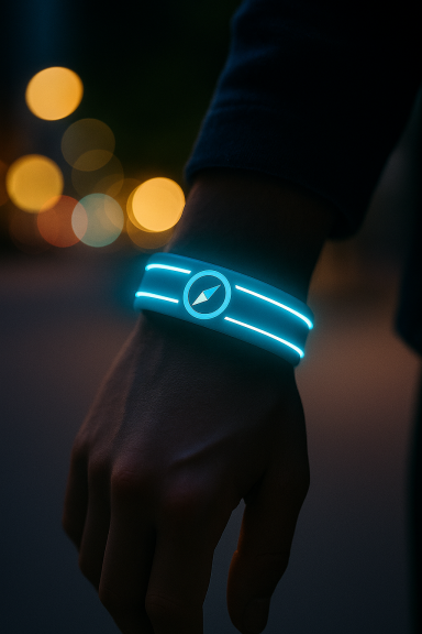 Designvariante des NavSpotr Wearables. Das Armband zeigt zwei leuchtende, parallel verlaufende Lichtstreifen mit zentralem NavSpotr-Logo.