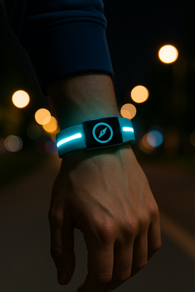 Designvariante des NavSpotr Wearables. Armband mit zwei LED-Streifen, die zu einem rechteckigen Display mit dem NavSpotr-Logo führen.