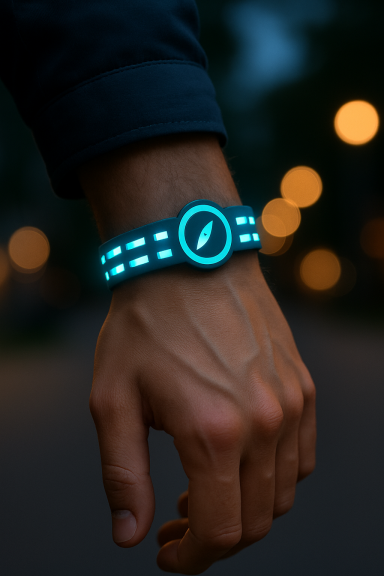 Designvariante des NavSpotr Wearables.  Das Armband hat ein segmentiertes LED-Design mit mehreren leuchtenden Rechtecken und zentralem Logo.