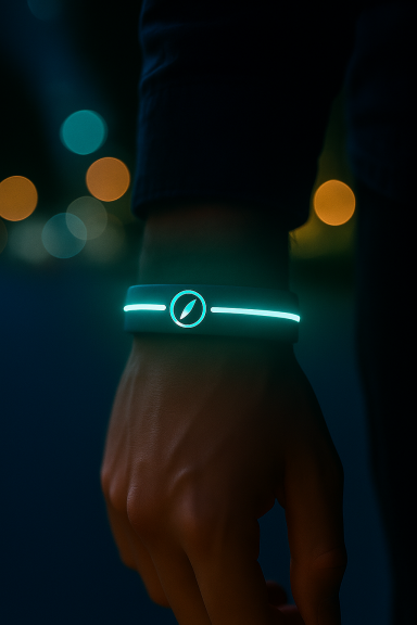 Designvariante des NavSpotr Wearables. Das Armband hat einen schmalen, durchgehenden Lichtstreifen und ein rundes NavSpotr-Logo.